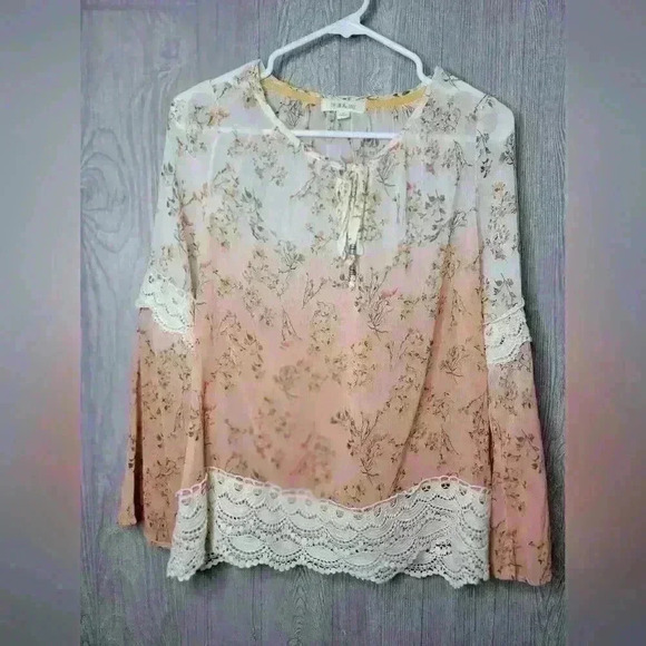 Taylor & Sage floral ombre coral sheer bell sleeve blouse with lace. Size Small. - Picture 1 of 5
